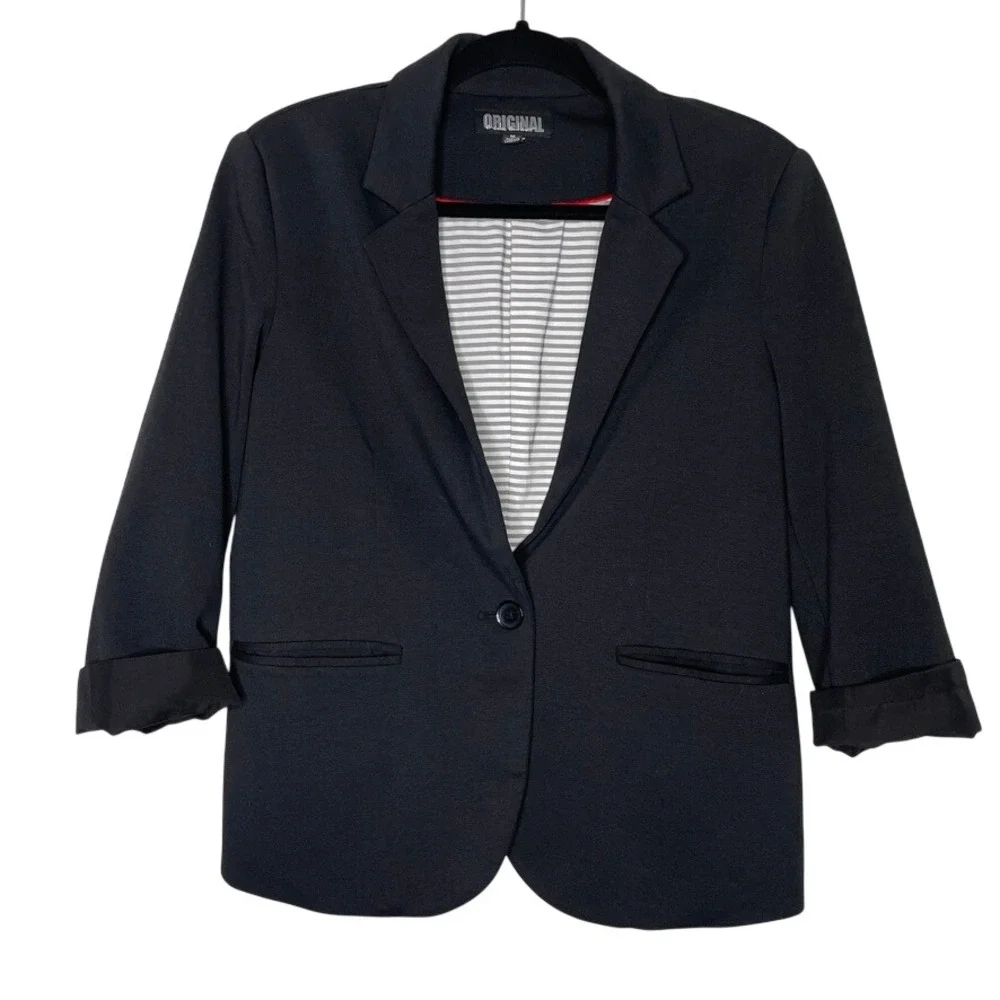 Nicole Miller Original Blazer Womens Sz M Black 3/4 Sleeve Striped Lining Office - Picture 2 of 11